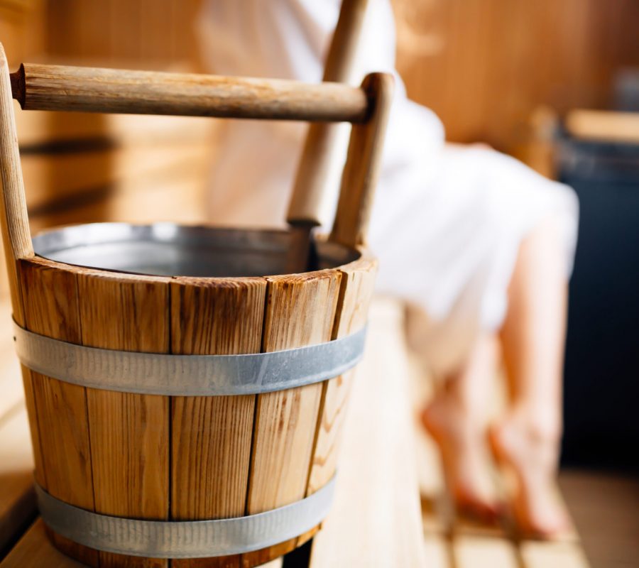 Finnish wooden sauna bucket in sauna